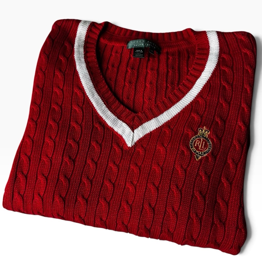Vintage Ralph Lauren Active Red Cable Knit V-Neck Sweater Crest MEDIUM Academia